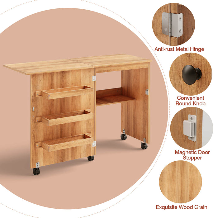 Folding Sewing Craft Table Shelf Storage Cabinet Home Furniture-Natural