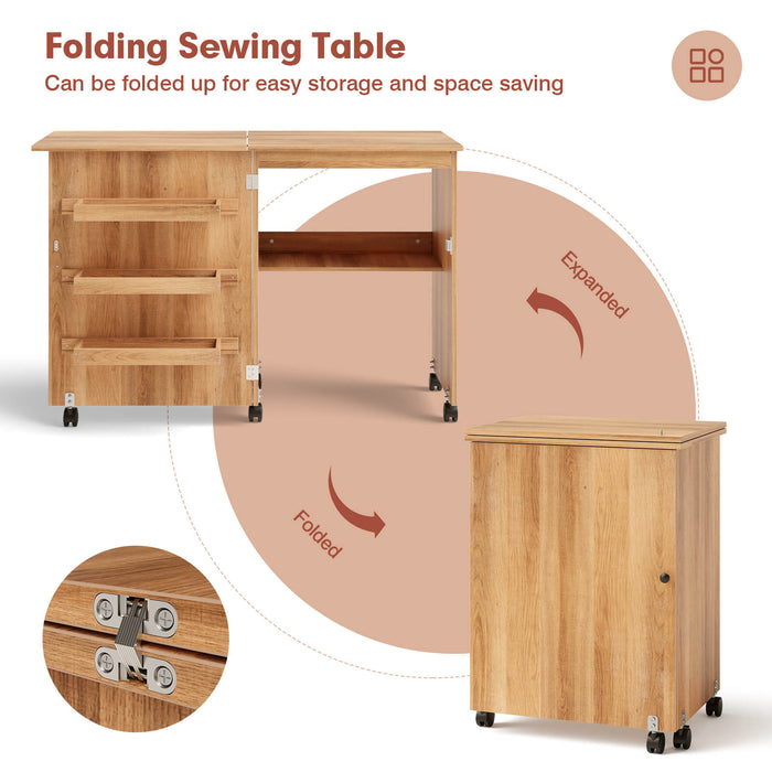 Folding Sewing Craft Table Shelf Storage Cabinet Home Furniture-Natural