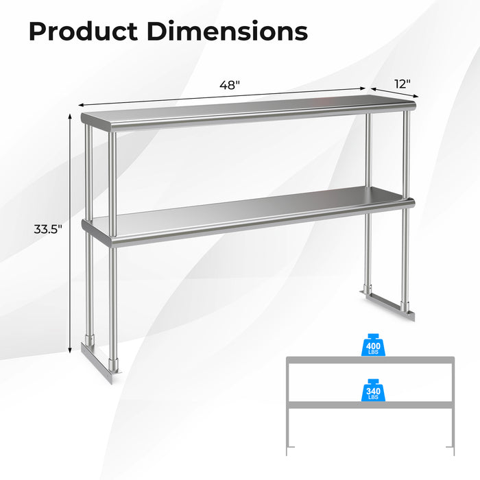 48 x 12 Inch Kitchen Stainless Steel Overshelf with Adjustable Lower Shelf