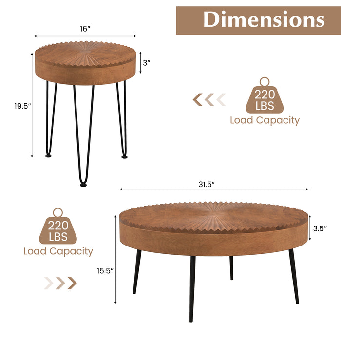 Set of 2 Boho Round Coffee Table with Solid Pine Wood Top and Metal Legs-Brown