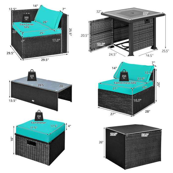 9 Pieces Patio Furniture Set with 32â€ Fire Pit Table and 50000 BTU Square Propane Fire Pit-Turquoise