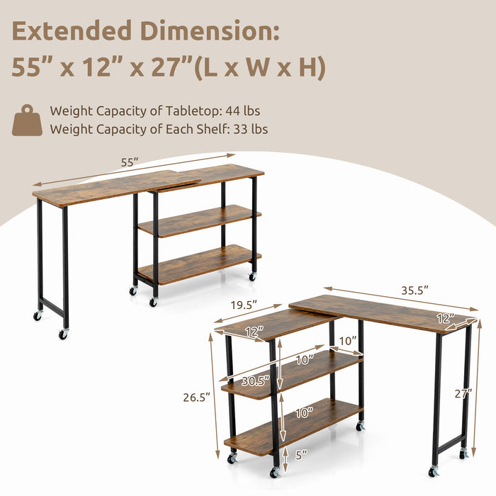 360Â° Rotating Sofa Side Table with 2-Tier Storage Shelves-Brown