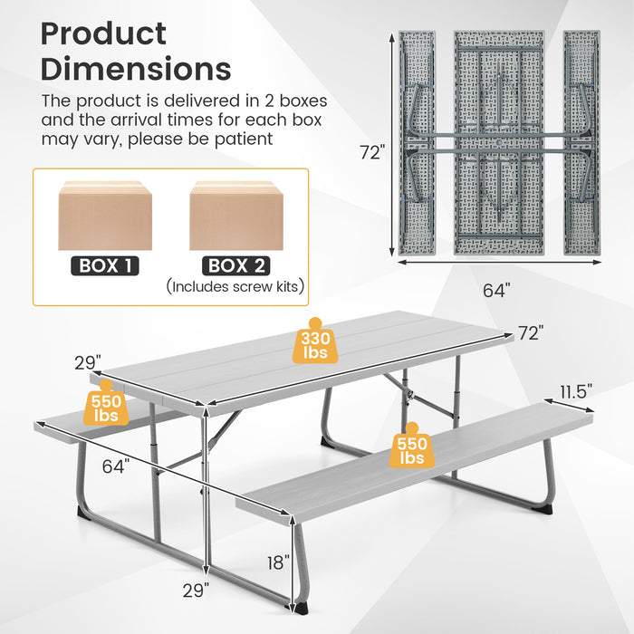 Folding Picnic Table Set with Metal Frame and All-Weather HDPE Tabletop  Umbrella Hole-Gray