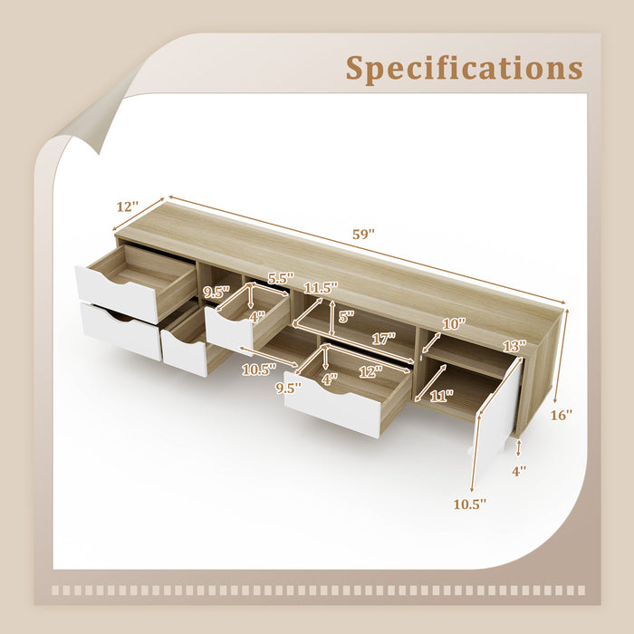 TV Stand for TVs up to 65â€ Television CabinetÂ w/ 5 Drawers & 3 Open Shelves-Oak