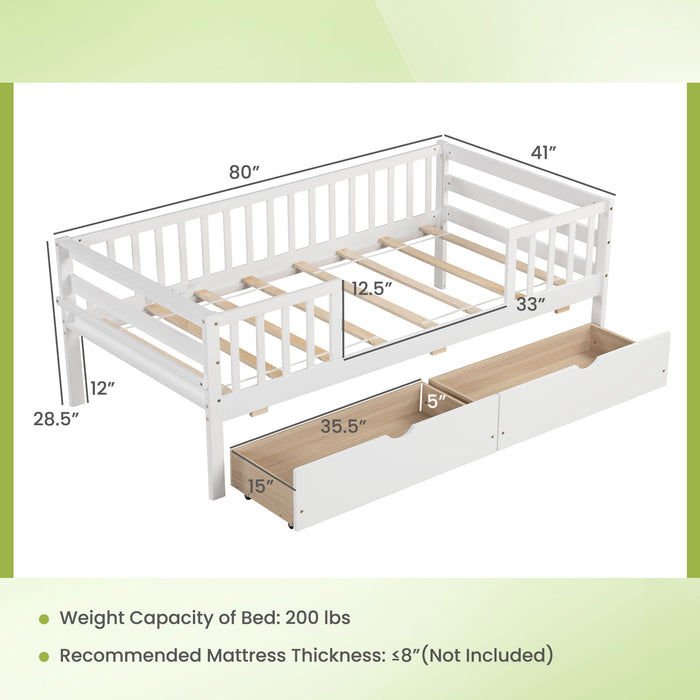 Twin Daybed with Fence and 2 Drawers Kids Bed for Boys & Girls-White