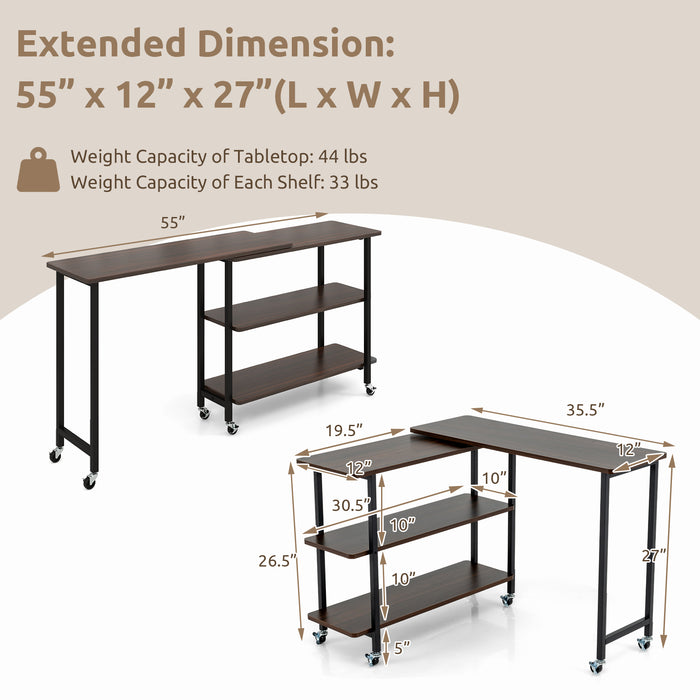 360Â° Rotating Sofa Side Table with 2-Tier Storage Shelves-Walnut