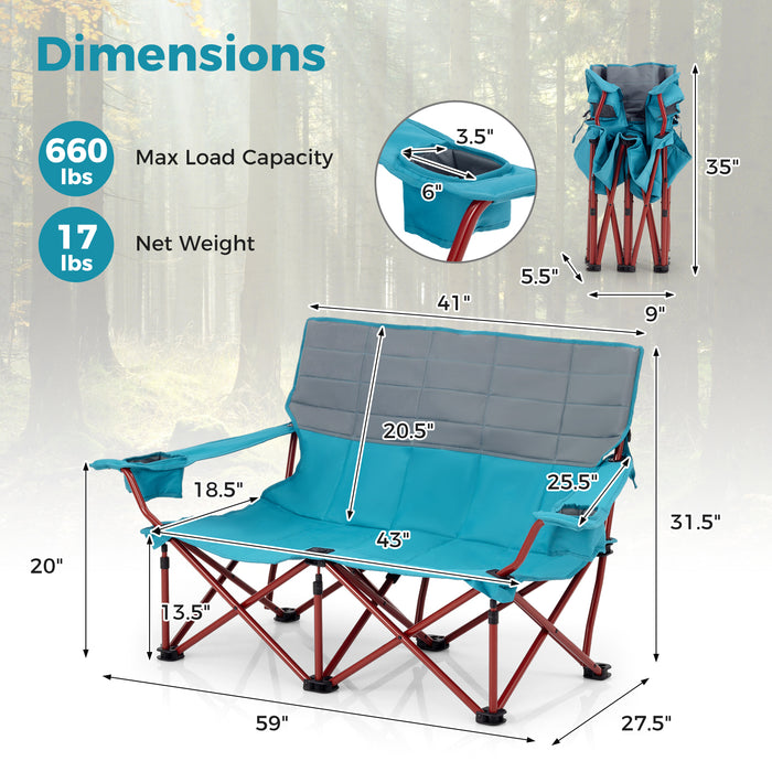 Oversized Camping Chair Folding Loveseat Camping Couch with Cup Holders & Thick Padding-Blue