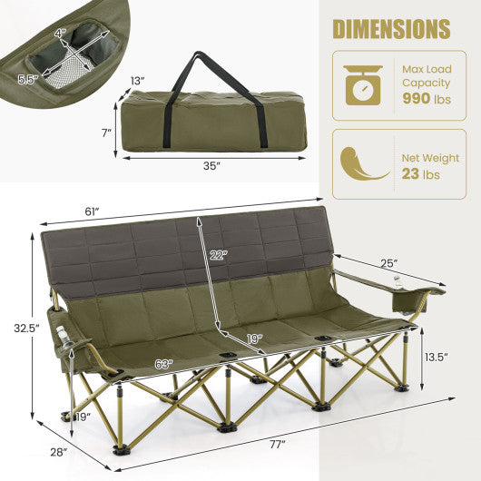 3 Person Folding Camping Chair with 2 Cup Holders Cotton Padding & Storage Bag-Green