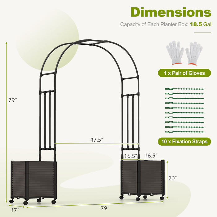 6.6 Feet Arch Arbor Trellis with 2 Planter Boxes and Detachable PE-Coated Metal Tubes-Black