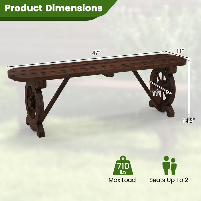 Patio Rustic Wood Bench with Wagon Wheel Base