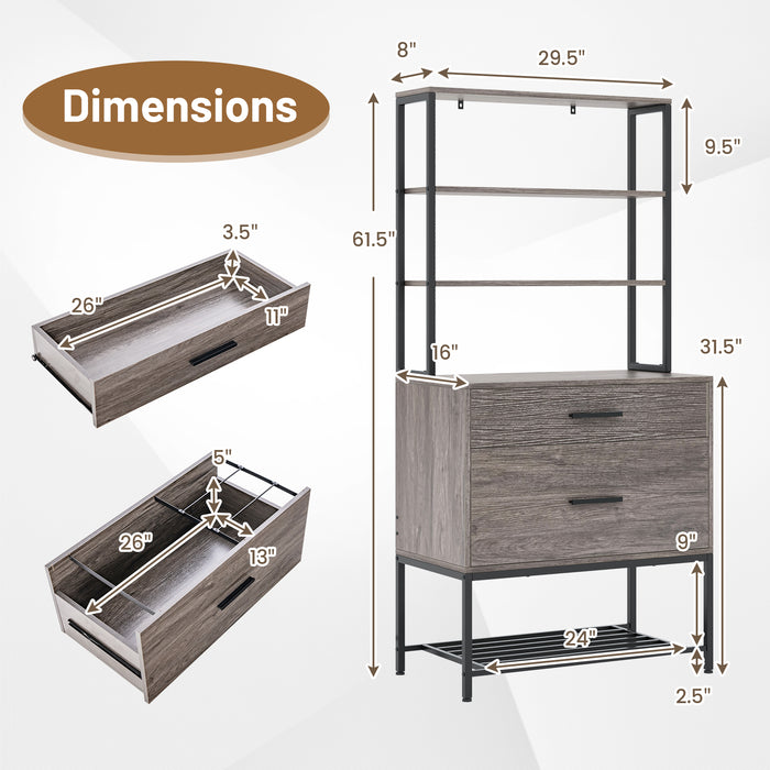 Freestanding File Cabinet with Charging Station and 3-Tier Open Shelves-Gray