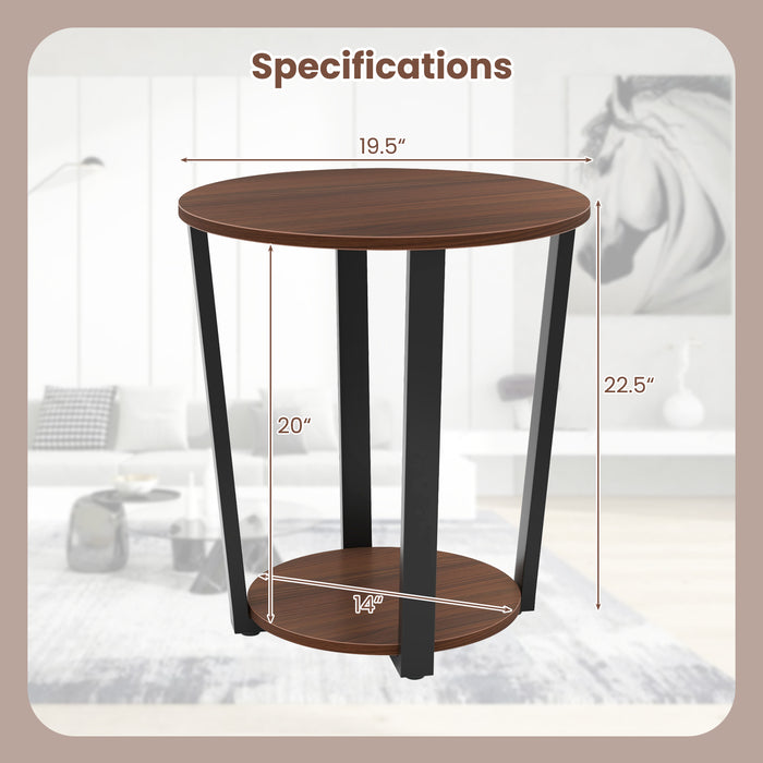 Round End Table with Open Shelf and Metal Frame-Walnut