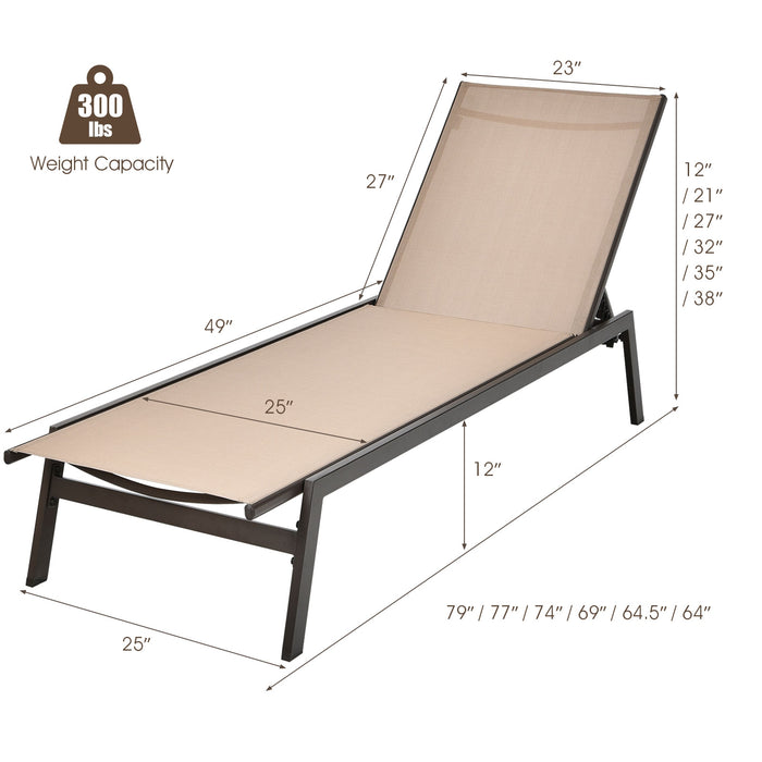 Outdoor Reclining Chaise Lounge Chair with 6-Position Adjustable Back-Brown