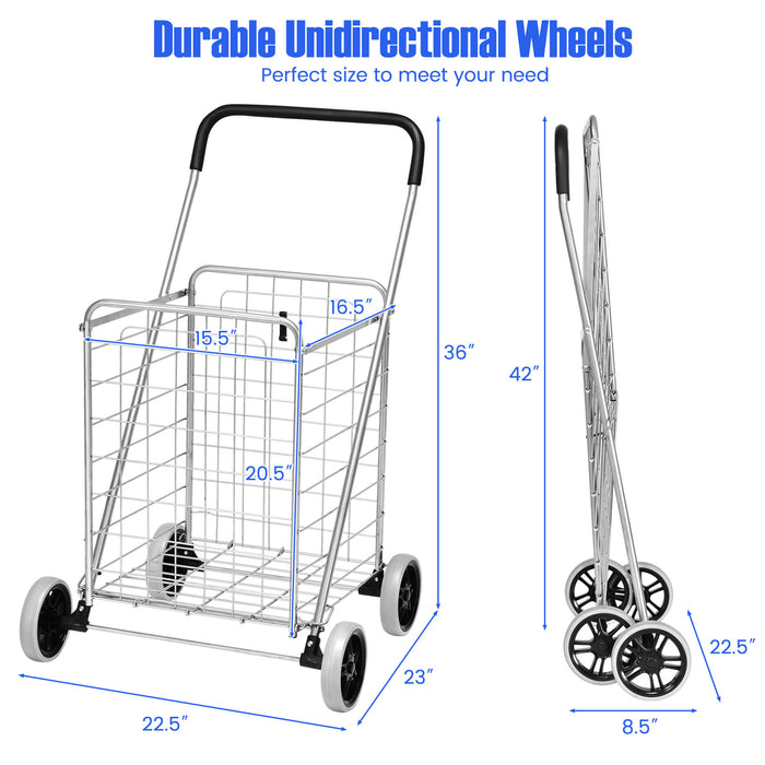 Portable Folding Shopping Cart Utility for Grocery Laundry-Silver