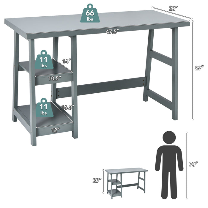 Wooden Trestle Computer Desk with 2-Tier Removable Shelves-Gray