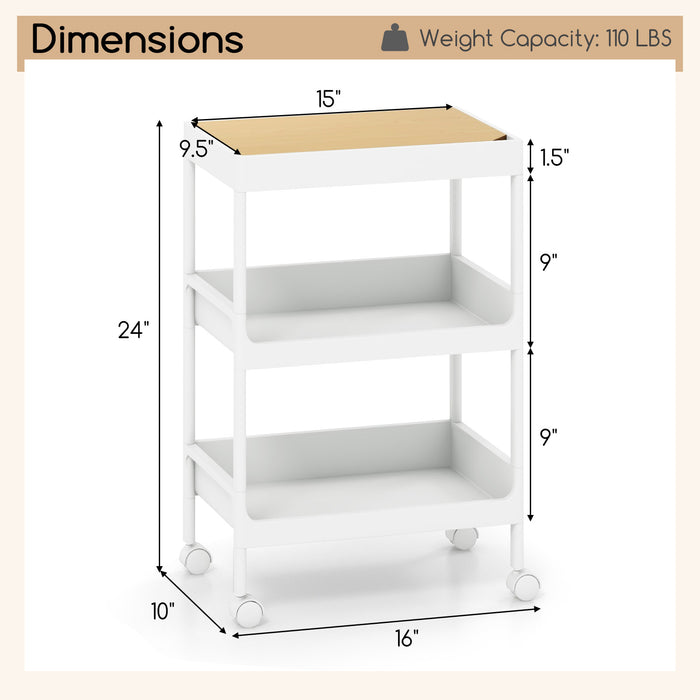 3/4 Tier Utility Rolling Cart with Detachable Tray Top and Locking Wheels-3-Tier