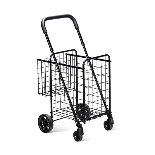 Folding Shopping Cart Basket Rolling Trolley with Adjustable Handle-Black