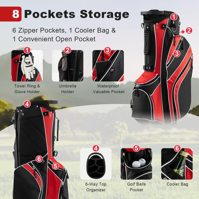 Golf Stand Cart Bag with 6-Way Divider Carry Pockets-Red