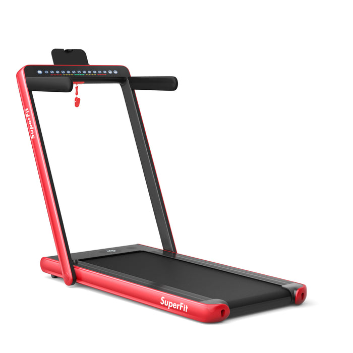 2-in-1 Electric Motorized Health and Fitness Folding Treadmill with Dual Display and Speaker-Red