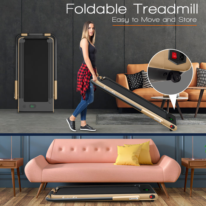 2-in-1 Folding Treadmill with Remote Control and LED Display-Golden