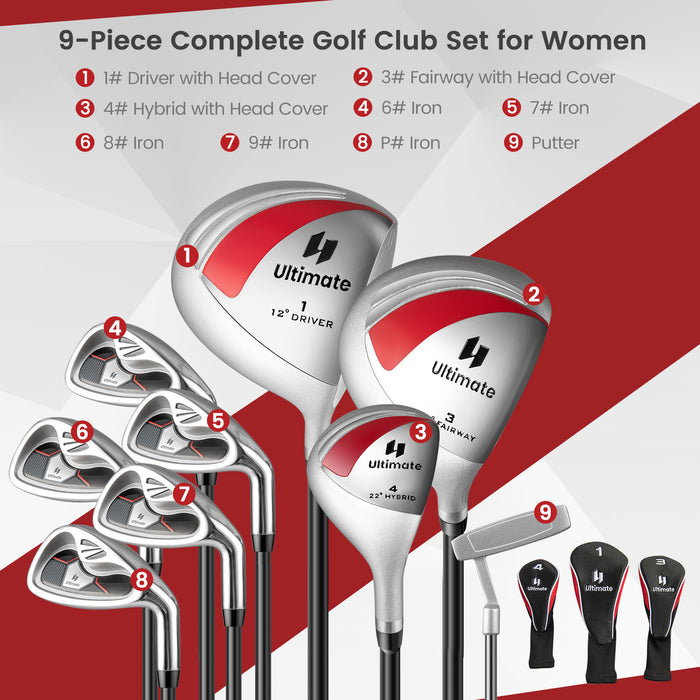 Women's 9 Pieces Complete Golf Club Set-Red