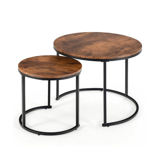 Set of 2 Modern Round Stacking Nesting Coffee Tables for Living Room-Rustic Brown