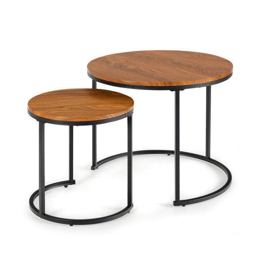 Set of 2 Modern Round Stacking Nesting Coffee Tables for Living Room-Light Brown