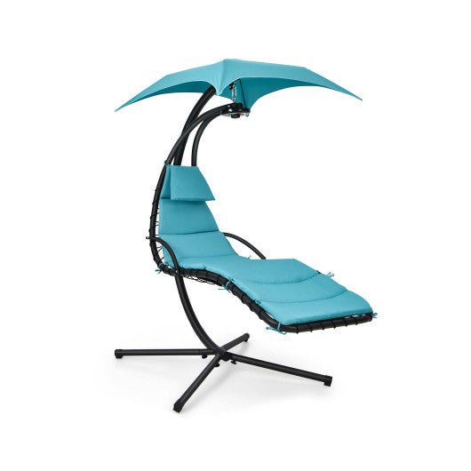 Hanging Curved Steel Swing Chaise Lounger with Removable Canopy-Turquoise