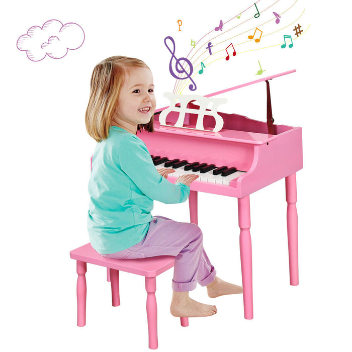 30-Key Wood Toy Kids Grand Piano with Bench & Music Rack-Pink