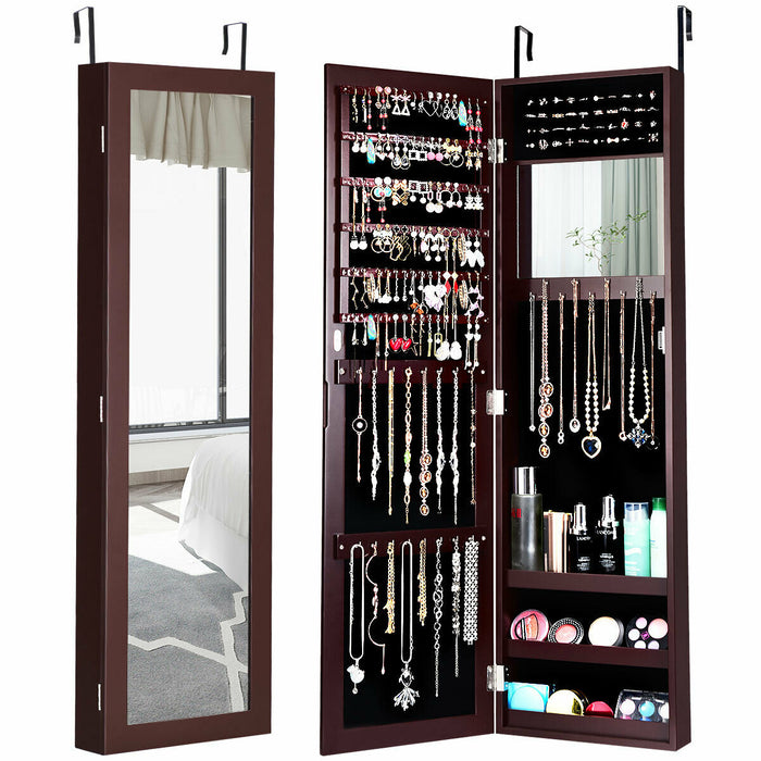 Full Length Mirror Jewelry Cabinet with Ring Slots and Necklace Hooks-Dark Brown