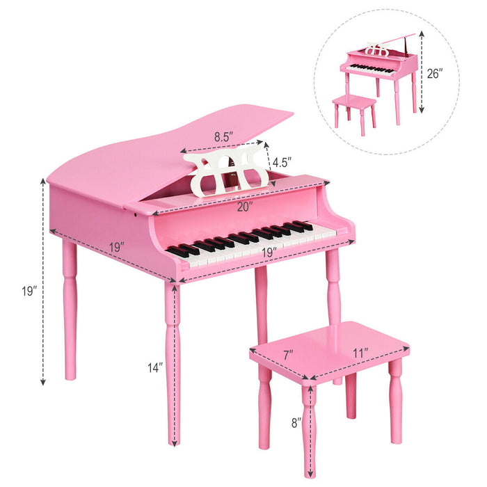 30-Key Wood Toy Kids Grand Piano with Bench & Music Rack-Pink