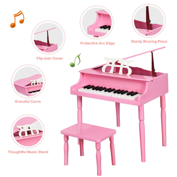 30-Key Wood Toy Kids Grand Piano with Bench & Music Rack-Pink