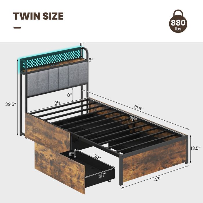 Twin/Full/Queen Bed Frame with LED Lights  Upholstered Headboard and 4 Storage Drawers-Twin size