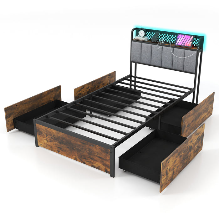 Twin/Full/Queen Bed Frame with LED Lights  Upholstered Headboard and 4 Storage Drawers-Twin size