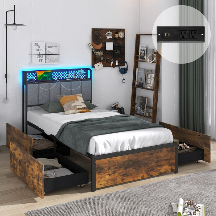 Twin/Full/Queen Bed Frame with LED Lights  Upholstered Headboard and 4 Storage Drawers-Twin size