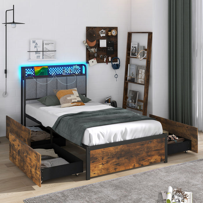 Twin/Full/Queen Bed Frame with LED Lights  Upholstered Headboard and 4 Storage Drawers-Twin size