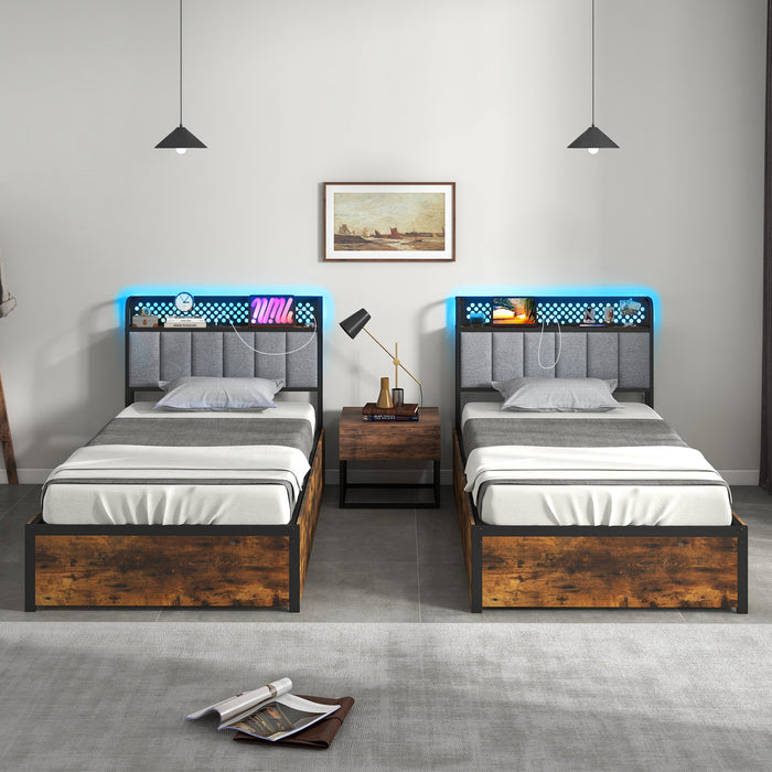 Twin/Full/Queen Bed Frame with LED Lights  Upholstered Headboard and 4 Storage Drawers-Twin size