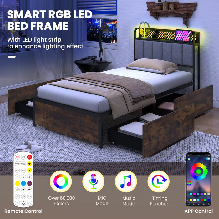 Twin/Full/Queen Bed Frame with LED Lights  Upholstered Headboard and 4 Storage Drawers-Twin size