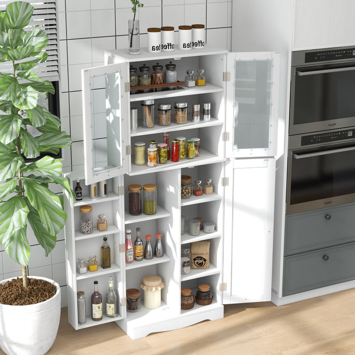 Tall Kitchen Pantry Cabinet with Dual Tempered Glass Doors and Shelves-White