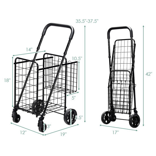 Folding Shopping Cart Basket Rolling Trolley with Adjustable Handle-Black