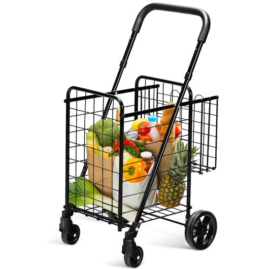 Folding Shopping Cart Basket Rolling Trolley with Adjustable Handle-Black