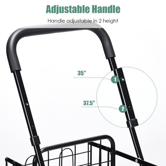 Folding Shopping Cart Basket Rolling Trolley with Adjustable Handle-Black