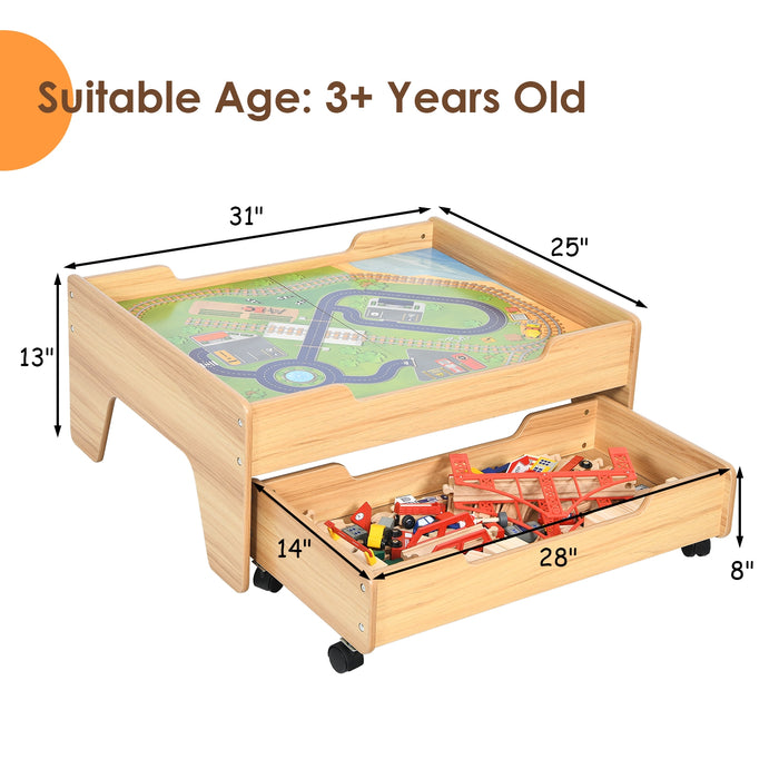 Children's Wooden Railway Set Table with 100 Pieces Storage Drawers