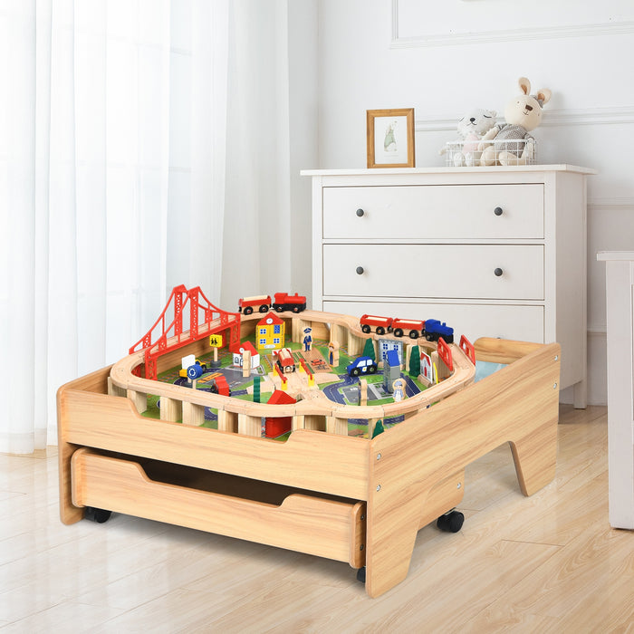 Children's Wooden Railway Set Table with 100 Pieces Storage Drawers