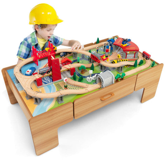 Kids Double-Sided Wooden Train Table Playset with Storage Drawer