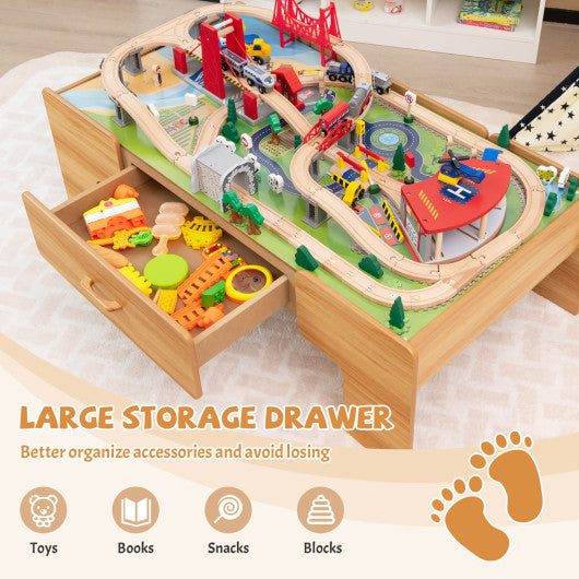 Kids Double-Sided Wooden Train Table Playset with Storage Drawer