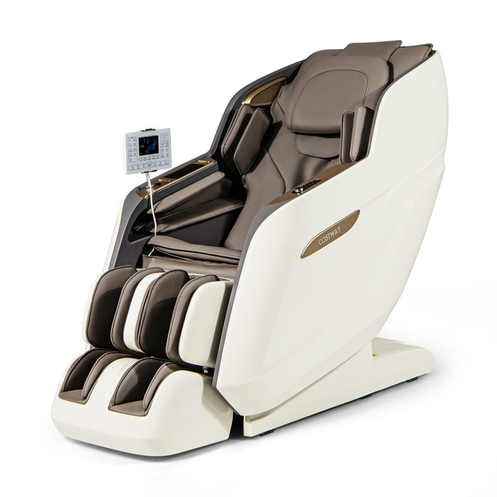 SL Track Massage Chair with Airbags Waist and Calves Heating Foot Rollers-White and Brown