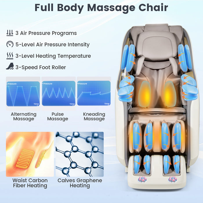 SL Track Massage Chair with Airbags Waist and Calves Heating Foot Rollers-White and Brown