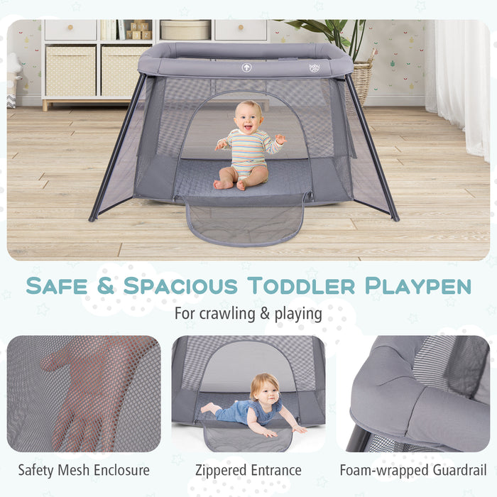 2-in-1 Portable Baby Playpen with Safety Enclosure and Padded Mattress-Dark Gray