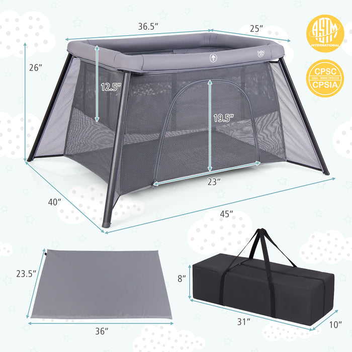 2-in-1 Portable Baby Playpen with Safety Enclosure and Padded Mattress-Dark Gray